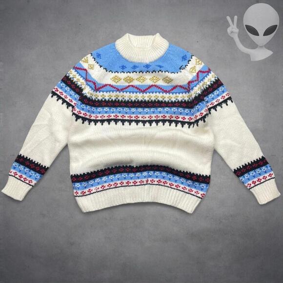 Vintage Sweaters - Vintage 70s Grants Mens Medium Fair Isle Ski Sweater Cream Blue Ribbed Knit